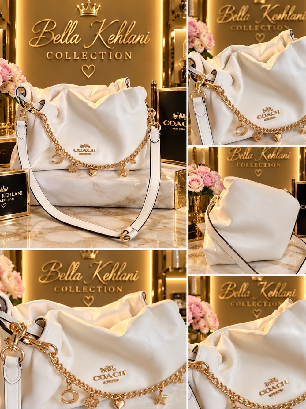 Coach White Shoulder Bag with Gold Chain and Charm Trim